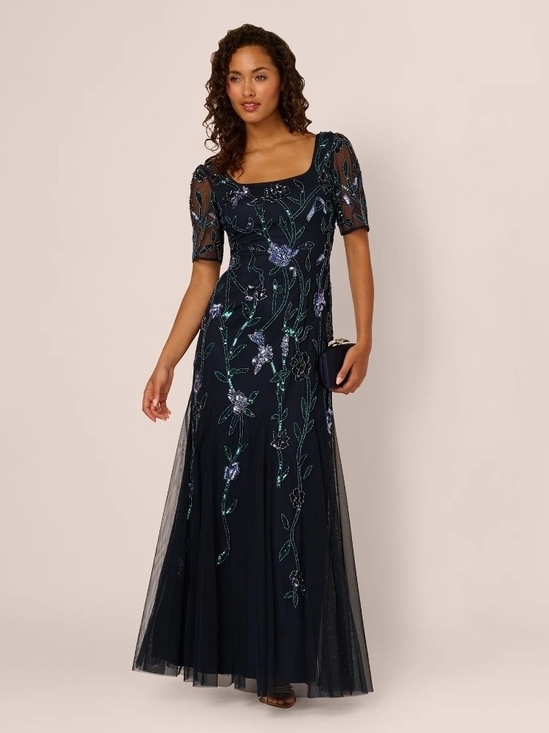 Adrianna Papell Dresses & Skirts - ADRIANNA PAPELL Dress Square Neck  Beaded Godet Gown In Midnight Size 14 Petite